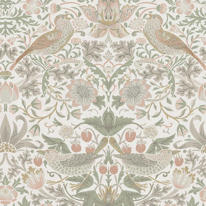 124233 - William Morris Wallpaper - William Morris At Home Strawberry Thief Sage & Pink Wallpaper - Decor Warehouse