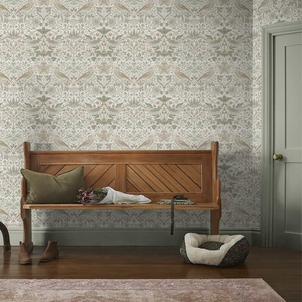 124233 - William Morris Wallpaper - William Morris At Home Strawberry Thief Sage & Pink Wallpaper - Decor Warehouse