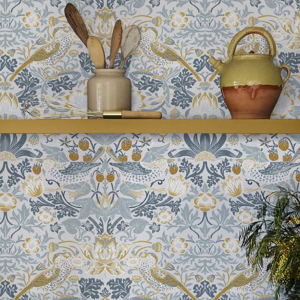 124232 - William Morris Wallpaper - William Morris At Home Strawberry Thief Soft Blue Wallpaper - Decor Warehouse