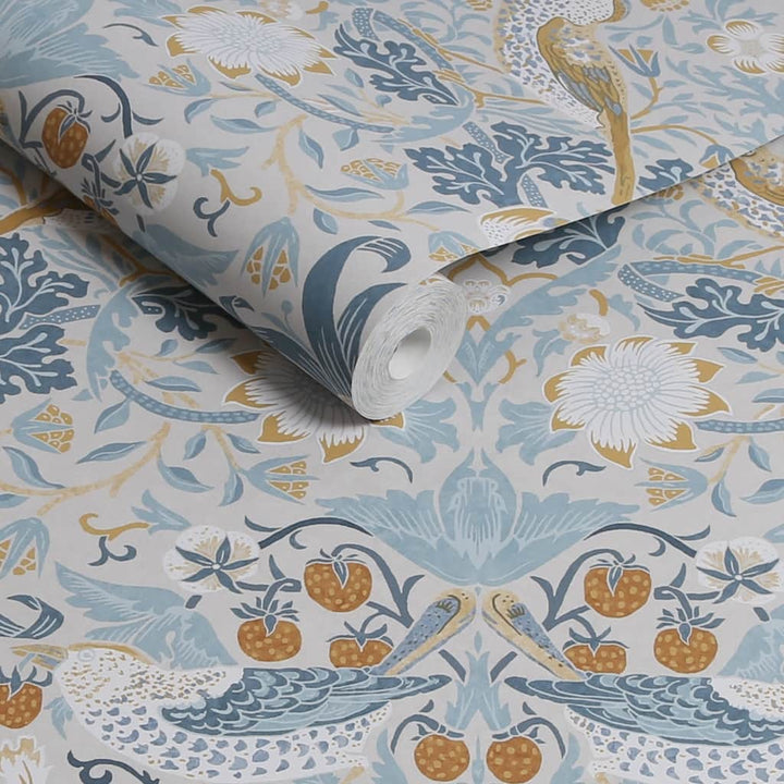 124232 - William Morris Wallpaper - William Morris At Home Strawberry Thief Soft Blue Wallpaper - Decor Warehouse