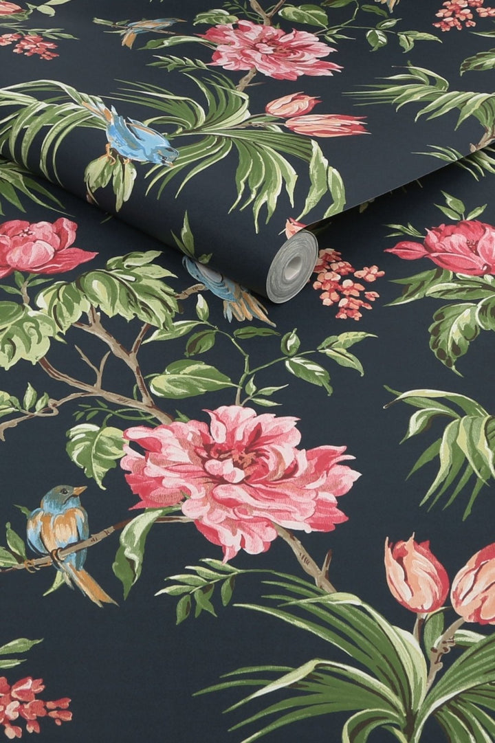 118256-Graham & Brown-Next -Birds & Blooms Navy Wallpaper-Decor Warehouse